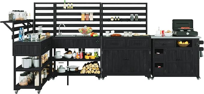 RUNNA 4-Piece Outdoor Rolling Kitchen Island with Sink w/Faucet, Solid Wood Grill Table with Storage Cabinets, Drawers, Stainless Table Top and Movable Shelves for Garden (Black#38)