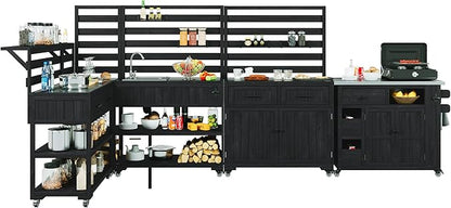 RUNNA 4-Piece Outdoor Rolling Kitchen Island with Sink w/Faucet, Solid Wood Grill Table with Storage Cabinets, Drawers, Stainless Table Top and Movable Shelves for Garden (Black#38)