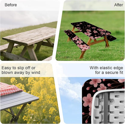 ANNA QUEEN Spring Floral 6FT Picnic Table Cover with Bench Covers Set of 3 with Drawstring Bag, Cherry Blossom Pink Flowers 72"x30" Waterproof Picnic Tablecloth & Bench Covers for Outdoor Garden