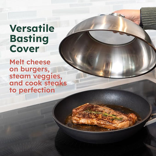 Basting Cover for Griddle with Thermometer and Glass Top, 12-Inch Stainless Steel Melting Dome with Steam Vent for BBQ and Grilling on Flat Top, Blackstone Griddle Accessories