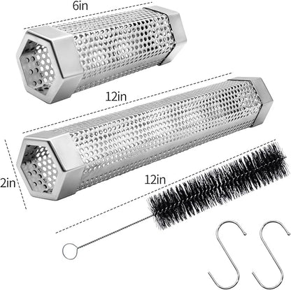 Pellet Smoker Tube Set, 6" & 12" Stainless Steel BBQ Wood Smoker Tube with Brush and 2 Hooks for 2.5hrs/5hrs of Billowing Cold/Hot Smoking for All Grills or Smokers, Smoking Cheese Beef Nuts Fish