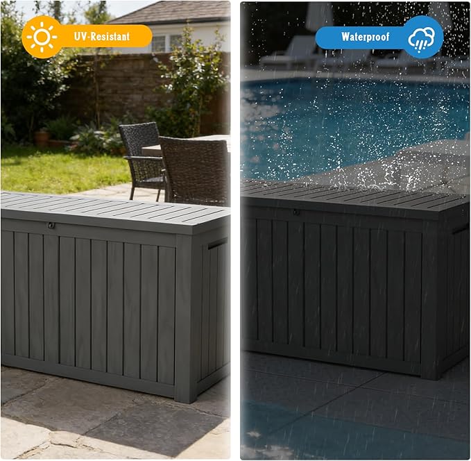 FEFLO 150 Gallon Waterproof Resin Outdoor Storage Box, Lockable & UV Resistant Patio Deck Boxes, Outside Storage for Patio Cushions, Pool Toys, Garden Tools & Package Delivery, Black