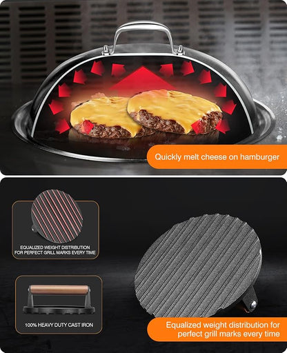 Griddle Accessories Kit with 12.5 Inch Dome and Smash Burger Press | Includes a 12.5 inch stainless steel dome and 7 inch cast iron press for melting cheese, searing burgers and cooking evenly.