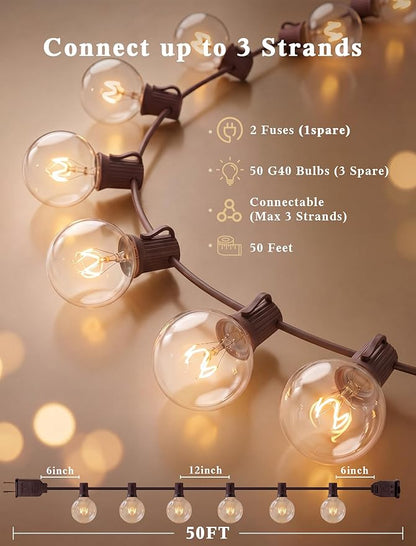 Abeja 50Ft Outdoor Patio String Lights with 53 Clear Globe G40 Bulbs,UL Certified for Patio Porch Backyard Deck Bistro Gazebos Pergolas Balcony Wedding Gathering Parties Markets Decor, Brown Wire