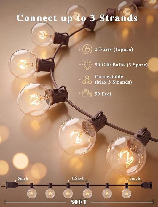 Abeja 50Ft Outdoor Patio String Lights with 53 Clear Globe G40 Bulbs,UL Certified for Patio Porch Backyard Deck Bistro Gazebos Pergolas Balcony Wedding Gathering Parties Markets Decor, Brown Wire