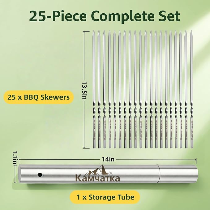25 Pack Flat Non-Slip Stainless Steel Skewers | 13.5 Inch Length, Anti-roll Food Locking Design, Bend Resistant Thick Steel with Storage Tube for Grilling Kabobs