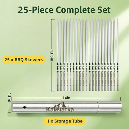 25 Pack Flat Non-Slip Stainless Steel Skewers | 13.5 Inch Length, Anti-roll Food Locking Design, Bend Resistant Thick Steel with Storage Tube for Grilling Kabobs