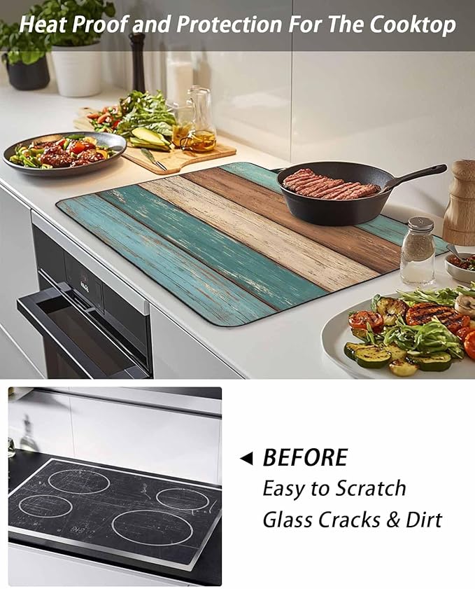 Stove Top Covers for Electric Stove 31x24 Inches,Turquoise Brown Retro HeatResistant Glass Cooktop Protector,Vintage Farmhouse Wood Grain Ceramic Stovetop Countertop Covers Mat,Distressed Oven Cover