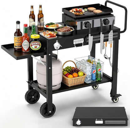Portable Grill Table for Blackstone Griddle, Outdoor Grill Cart with Wheels, Griddle Stand Fit 17 Inch 22 Inch Ninja Griddle, Folding Table with Caddy for Outside Patio, Kitchen Cooking Prep Table