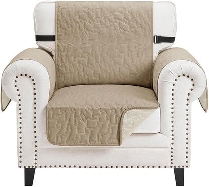 CUCRAF Non Slip Quilted Sofa Cover, Water Resistant Slipcover Furniture Protector for 1 Cushion Sofa Pet Friendly, Washable Couch Cover with Adjustable Elastic Straps (Small Chair, Khaki)