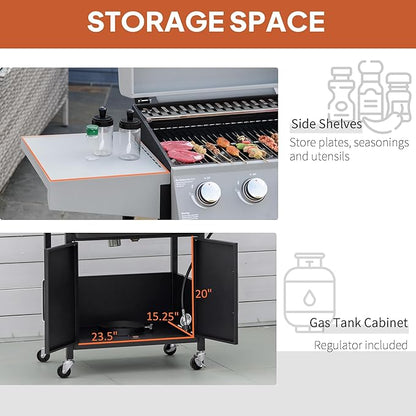Outsunny 4 Burner Propane Gas Grill with Side Burner, 48,000 BTU Steel Outdoor Barbecue Grill with Cabinet, Shelf, Warming Rack, Thermometer, Wheels, Silver