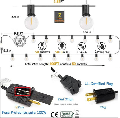 100FT LED String Lights Outdoor Waterproof G40 Globe String Lights with 52 Shatterproof Bulbs(2 Extra), Dimmable Connectable Patio Lights String for Hanging Bistro Backyard Gazebo Lights