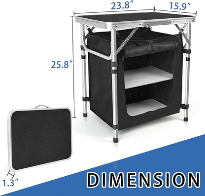 CampLand Folding Cooking Table Outdoor Portable Cook Station Aluminum Camping Kitchen with Storage Organizer, Windscreen, Hooks for BBQ, Party (SamllBlack)