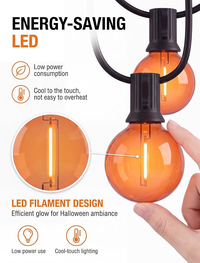 50FT G40 LED Halloween String Lights Outdoor, Orange Halloween Decorative Light with 27 LED Shatterproof Bulbs(2 Spare) Connectable Orange Outdoor Lights for Patio Balcony Backyard Pergola Decor