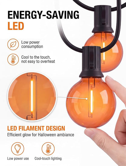 50FT G40 LED Halloween String Lights Outdoor, Orange Halloween Decorative Light with 27 LED Shatterproof Bulbs(2 Spare) Connectable Orange Outdoor Lights for Patio Balcony Backyard Pergola Decor