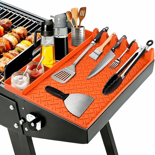 Silicone Grill Tool Mat for Blackstone, BBQ Griddle Mat with Drip Pad, Side Mats for Blackstone Griddle Accessories, Heat Resistant Spatula Mats for Outdoor Kitchen Counter, Gifts for Men (Orange)