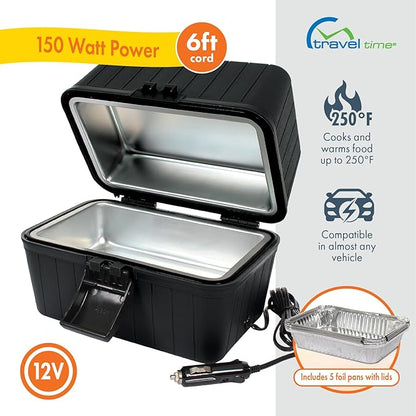 TRAVEL TIME 12V Portable Stove with 5-Pans & Lids, 150w – Universal for Most Vehicles, Mini Microwave Food Warmer for Car, Truck, Travel, Work Cooking