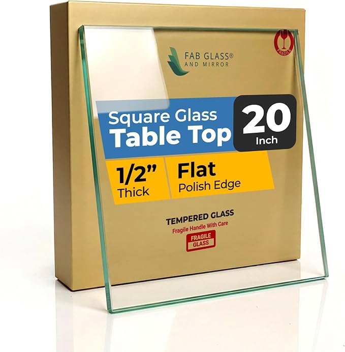 Clear Tempered Glass Table Top 20 Inch Square Flat Edge with 1/2 Inch Thickness for Dining, Coffee or Side Tables by Fab Glass and Mirror