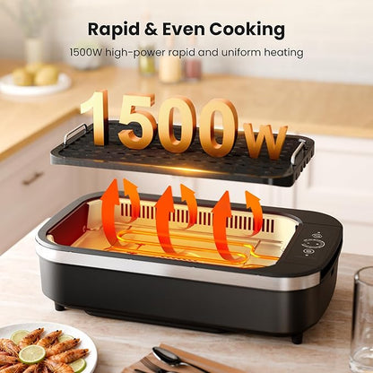 Kismile Smokeless Indoor Grill, 1500W Electric Grill with 6-Level Temp Control, Korean BBQ Grill with Glass Lid, Compact & Portable, Non-Stick Grill Plate, Auto Shut Off & Dishwasher Safe