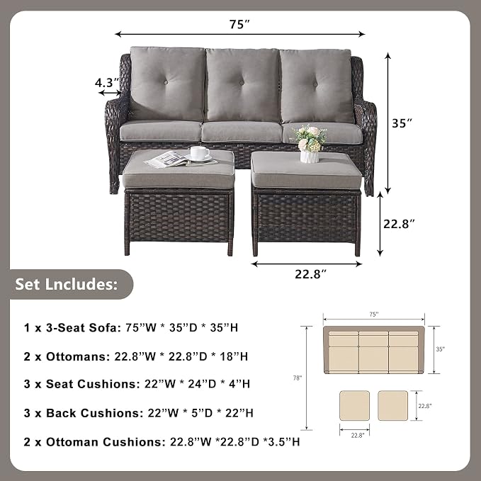 Rilyson Wicker Outdoor Patio Sofa with Ottoman, Large 3 Seater Wicker Patio Couch with 4in Replaceable Seat Cushions and Deep Seating, All Weather for Backyard, Garden, Poolside (Brown/Grey)