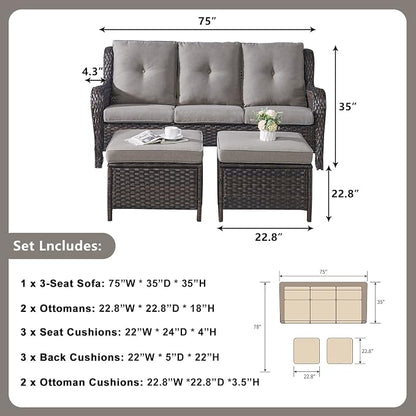 Rilyson Wicker Outdoor Patio Sofa with Ottoman, Large 3 Seater Wicker Patio Couch with 4in Replaceable Seat Cushions and Deep Seating, All Weather for Backyard, Garden, Poolside (Brown/Grey)
