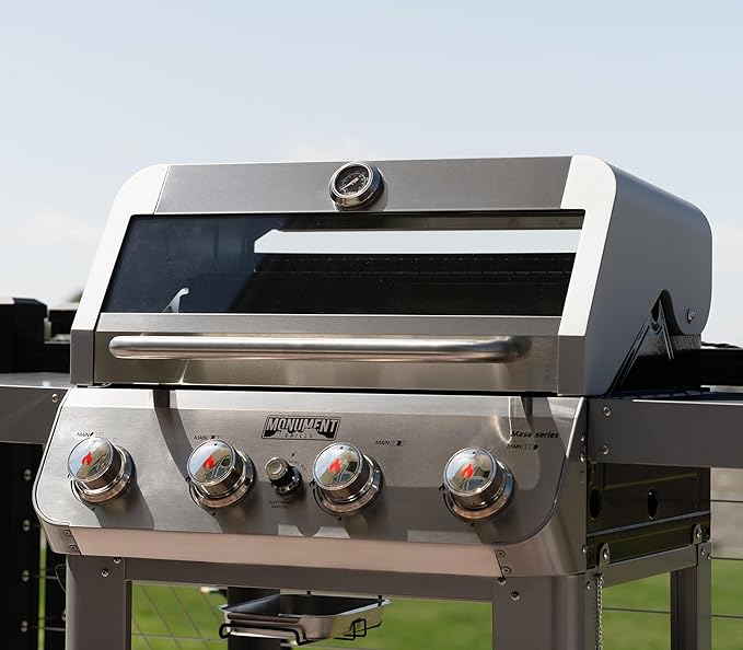 Monument Grills 4-Burner Liquid Propane Gas Grill, Silver Stainless Steel Grill Outdoor Patio Garden Barbecue Grill with Clearview® Lid and One Foldable Shelf, Mesa400MF