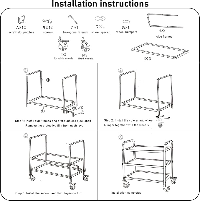 uyoyous 3 Tier Stainless Steel Utility Cart, Commercial Serving Cart | 400 lbs Capacity Heavy Duty Rolling Cart with 360° Rotation Wheels for Kitchen Hotel Restaurant Home, 30" L x 16" W x 33" H