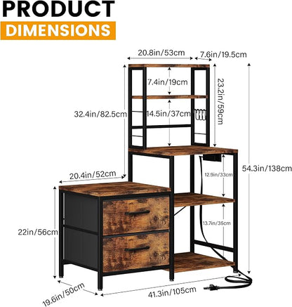 Homeiju Mini Fridge Stand Coffee Bar Cabinet with Power Outlet | Baker Rack with 5 Storage Shelves and 2 Large Drawers, Mini Fridge Shelf for Kitchen, Living Room, Office, Rustic Brown