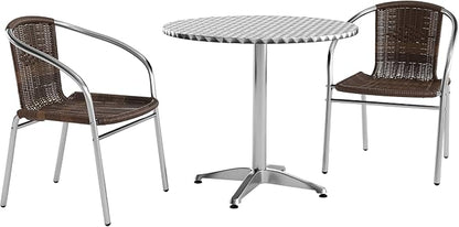 Flash Furniture Lila 31.5'' Round Aluminum Indoor-Outdoor Table Set with 2 Dark Brown Rattan Chairs | Aluminum Tabletop, Indoor/Outdoor