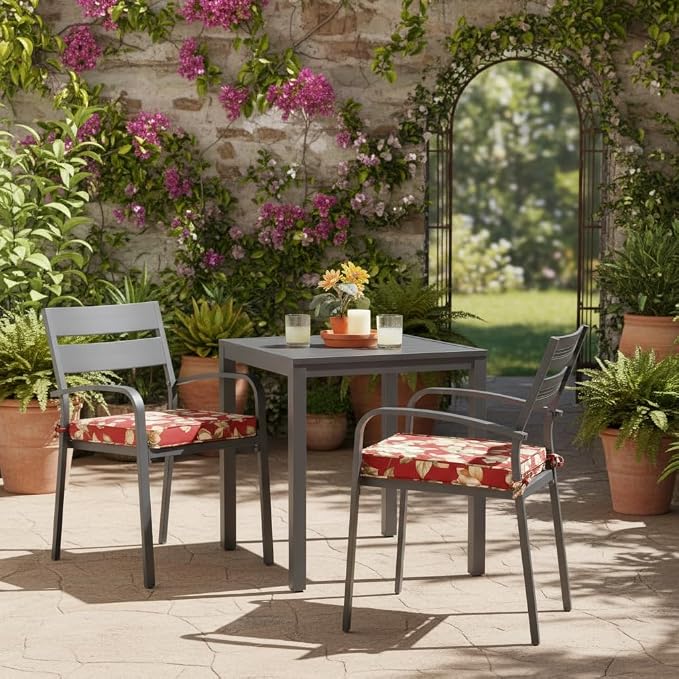 Outdoor 18 inch Square Patio Dining Chair Pads – Comfortable Fiber-Filled Seat Cushions with Ties, Reversible Polyester Fabric - Roma Floral, Set of 2