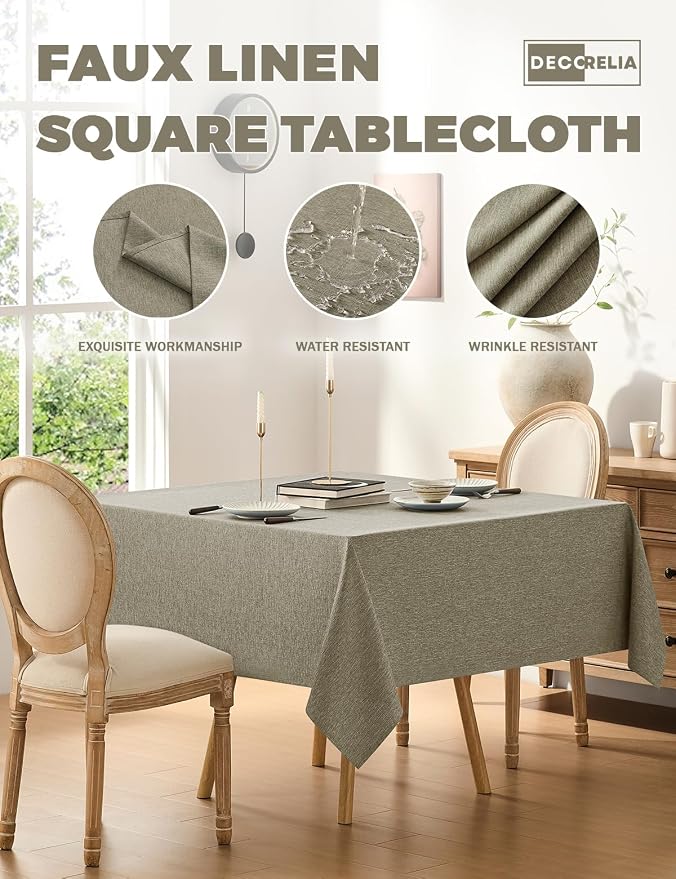 Decorelia Faux Linen Square Tablecloth for Dining Room,Waterproof Texture Decorative Farmhouse Rustic Table Cloth for Indoor Outdoor Party, Holiday Banquet Picnics Patio,52 x 52 Inch (Square),Natural