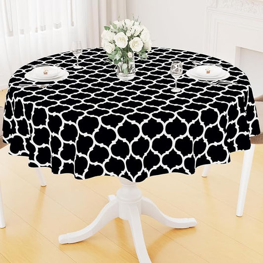 Smiry Round Plastic Table Cloth, Waterproof Vinyl Tablecloth with Flannel Backing for Round Tables, Wipeable Spillproof Tablecloths for Dining, Camping, Indoor and Outdoor (60" Round, Black)