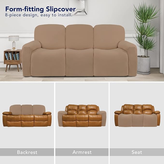 PureFit Super Stretch 3 Seats Recliner Sofa Couch Cover with Pocket | Non Slip Soft Sofa Slipcover, Washable Spandex Reclining Furniture Protector for Kids, Pets (Recliner Sofa, Camel)