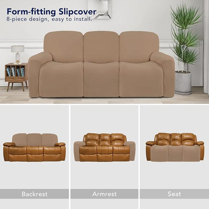 PureFit Super Stretch 3 Seats Recliner Sofa Couch Cover with Pocket | Non Slip Soft Sofa Slipcover, Washable Spandex Reclining Furniture Protector for Kids, Pets (Recliner Sofa, Camel)