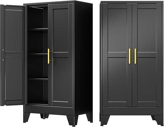 61" Metal Garage Storage Cabinet with 2 Doors and 3 Adjustable Shelves,Metal Storage Cabinets,Steel Tool Cabinets for Home,Office,Garage,Warehouse (Black, 61''H x 27''W x 14''D)