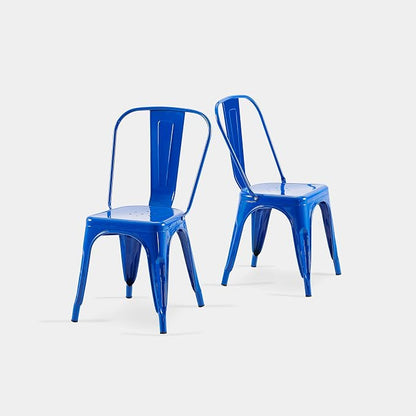 AC Pacific 18 Inch Seat Height Industrial Metal Dining Chairs, Stackable Kitchen or Bar Seat, Durable Modern Design, Versatile Accent Furniture, Set of 2, Blue