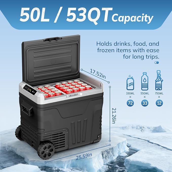 12 Volt Refrigerator,53QT -4℉~68℉ Electric Cooler with Wheels for Car,Black | 50L Car Fridge Compressor,Plug in Coolers for Vehicles,Portable Refrigerator for Camping with 2 Baskets, Freezer Cooler