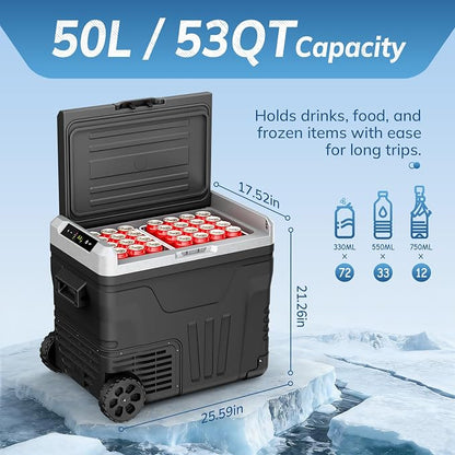 12 Volt Refrigerator,53QT -4℉~68℉ Electric Cooler with Wheels for Car,Black | 50L Car Fridge Compressor,Plug in Coolers for Vehicles,Portable Refrigerator for Camping with 2 Baskets, Freezer Cooler