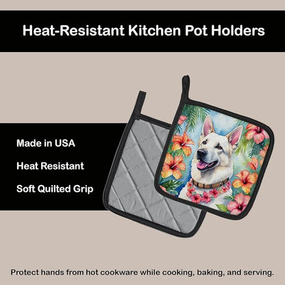Caroline's Treasures White German Shepherd Luau Pair of Pot Holders Kitchen Heat Resistant Pot Holders Sets Oven Hot Pads for Cooking Baking BBQ, 7 1/2 x 7 1/2