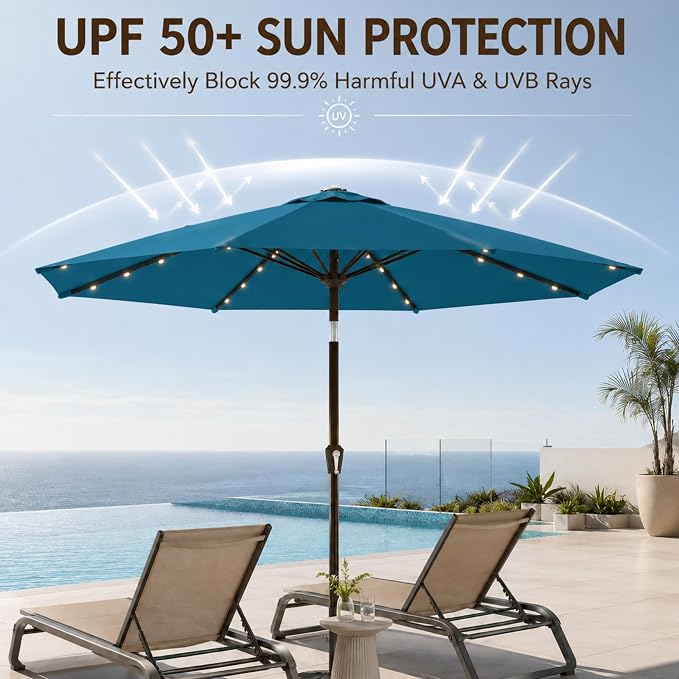 10FT Solar Lighted Patio Umbrella, Outdoor Table Market Umbrellas with Push Button Tilt and Crank, 32 LED Lights, 8 Sturdy Ribs, UV-Resistant for Deck, Garden, Pool