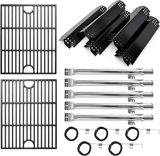Grill Replacement Parts for Nexgrill 5-Burner 720-0888 720-0888N 720-0888A | 4-Burner 720-0830H 720-0830 Matte Cast Iron Cooking Grates, Porcelain Steel Heat Plate + Burner Tubes Kit for Nexgrill Parts