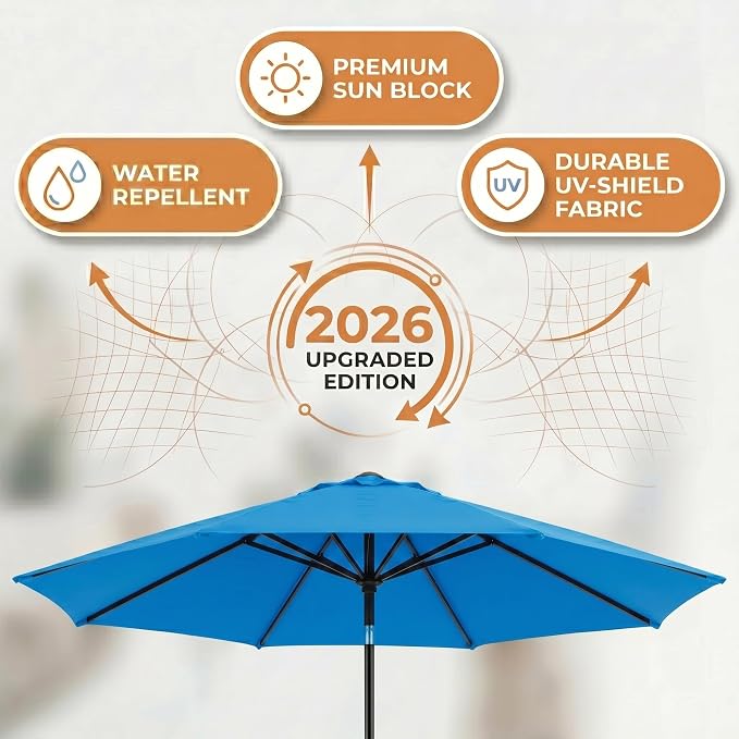 Greesum 9FT Outdoor Patio Umbrella, Table Umbrella for Yard, Market, Heavy-Duty Waterproof Pool Umbrella with 8 Sturdy Ribs, UV Protection for Beach, Deck, Garden, Backyard