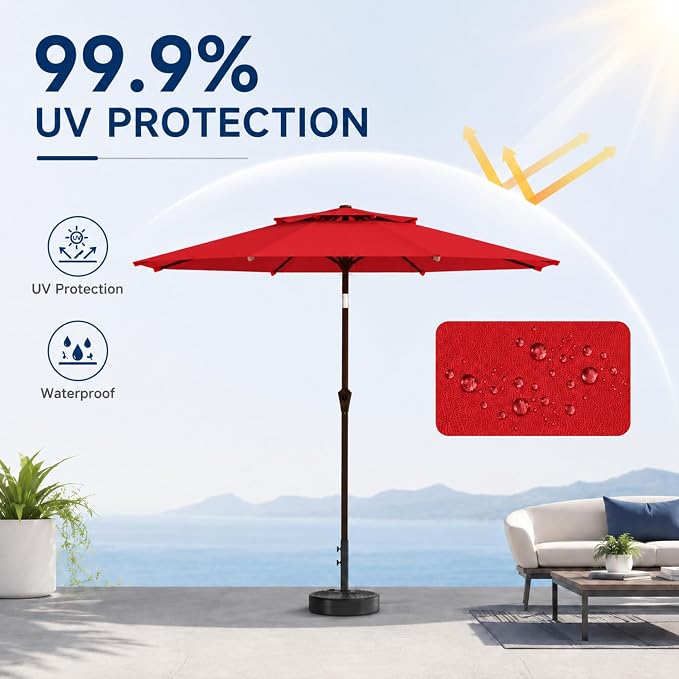 10FT Patio Umbrella, 2 Tier Outdoor Table Umbrella, Large Vented Market Umbrellas with Push Button Tilt and Crank, 8 Sturdy Ribs for Backyard, Deck, Pool, UPF50+ UV Protection