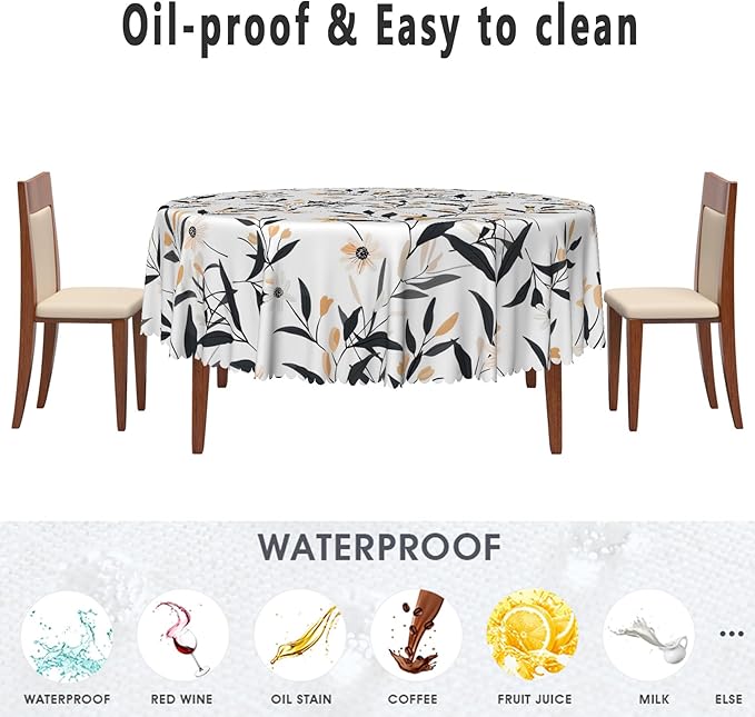 Floral Round Tablecloth Black and Yellow Leaves Flowers Circle Table Cloth Perfect for Spring Home Decor 60 Inch Botanical Waterproof Resistant Circle Table Cover for Kitchen Dining Room