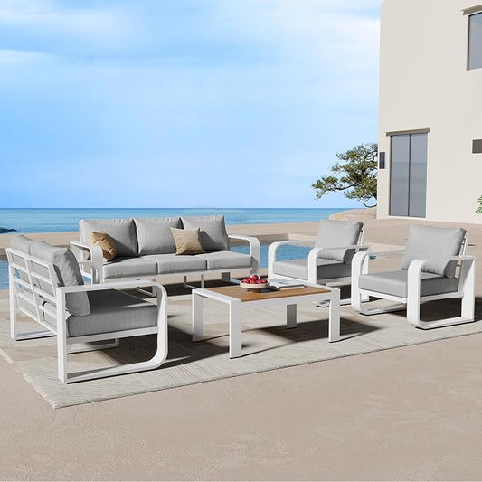 Oversized Aluminum Outdoor Furniture Set, Extra Large Patio Furniture Sofa Set 4.8” Widened Armrest & Ultra-Thick Cushions, 5 Pcs Modern Patio Sectional for Backyard, Porch, White