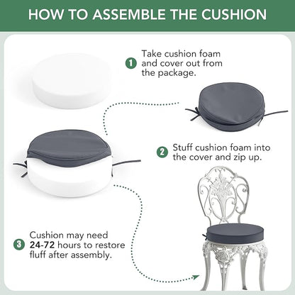Summsun Outdoor Bistro Chair Cushions Set of 4, 15" D x 3" H Round Chair Cushions Waterproof and Fade Resistant Chair Cushion Pads with Non-Slip Ties and Removable Covers for Garden, Dark Grey