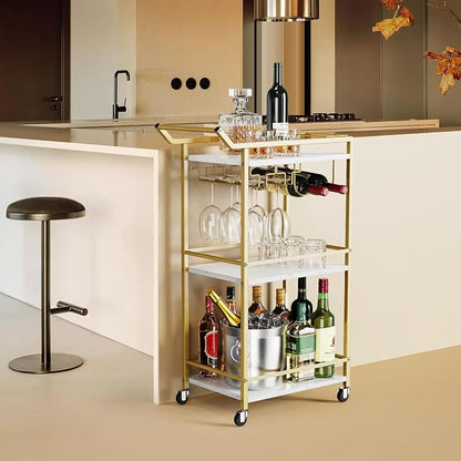 3 Tier Bar Cart Mini Liquor Utility Cart for Wine Beverage Dinner Party | Rolling Wine Coffee Drink Serving Cart with Lockable Wheels for Home Kitchen Bars (Gold)