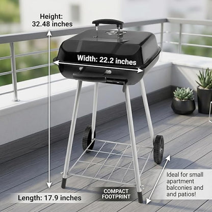 17.5 Inch Square Charcoal Grill with Wheels, Portable Outdoor BBQ Kettle Grill for Patio and Backyard Cooking, Porcelain-Coated Steel Grates and Adjustable Dampers, 302 Sq In Cooking Area, Black