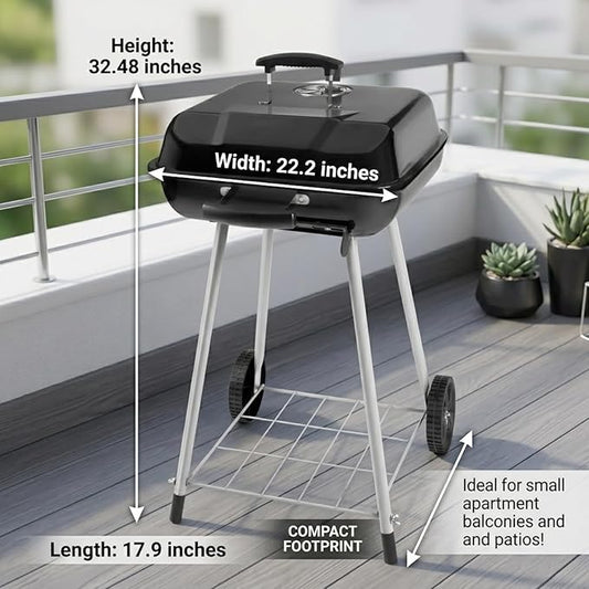 17.5 Inch Square Charcoal Grill with Wheels, Portable Outdoor BBQ Kettle Grill for Patio and Backyard Cooking, Porcelain-Coated Steel Grates and Adjustable Dampers, 302 Sq In Cooking Area, Black