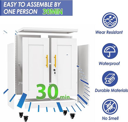 35.4" Metal Garage Storage Cabinet with Wheels and Locking Doors and Tall Rolling Steel Tool Cabinet with 2 Adjustable Shelves for Garage,Home,Office,Shop (White, 35.4''H x 27.6''W x13.8''D)